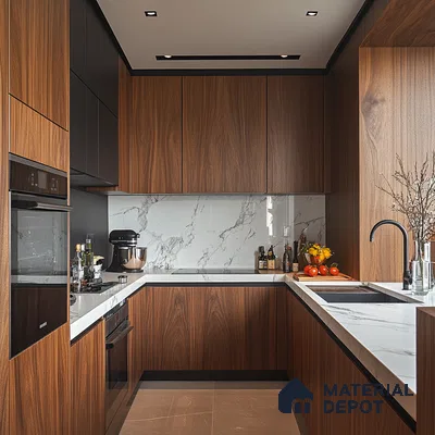 Warm Walnut Retreat: Modern Kitchen with Rich Wood Textures and Ambient Lighting | Material Depot
