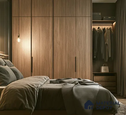 Warm Walnut Wooden Laminate Wardrobe for Contemporary Bedroom Decor | Material Depot