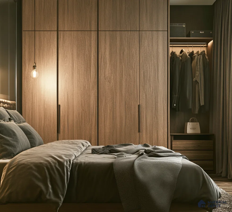 Warm Walnut Wooden Laminate Wardrobe for Contemporary Bedroom Decor | Material Depot