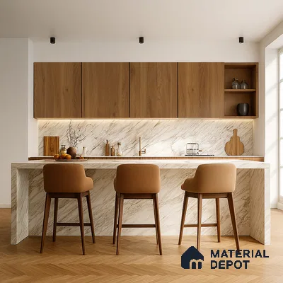 Sage Green and Wood Kitchen with Stone Backsplash and Fluted Accent | Material Depot
