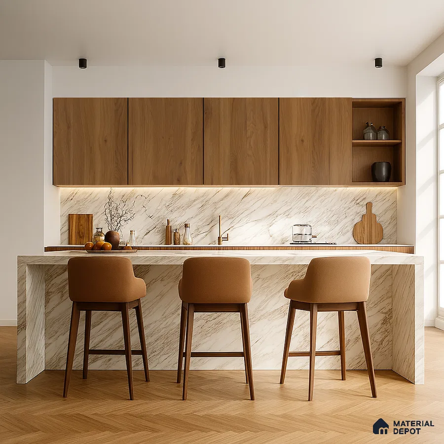 Sage Green and Wood Kitchen with Stone Backsplash and Fluted Accent | Material Depot