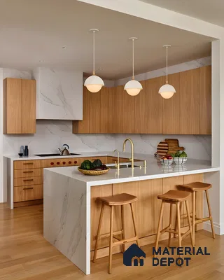 Warm Wood And Marble Kitchen With Wood Accents | Material Depot