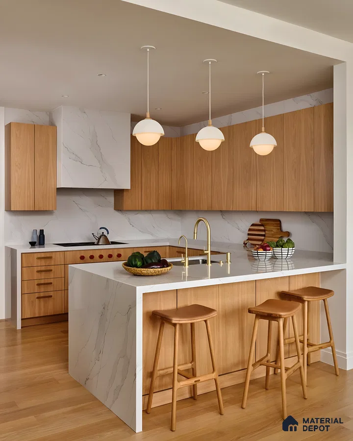 Warm Wood And Marble Kitchen With Wood Accents | Material Depot