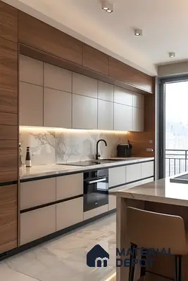 Warm Wood And Taupe Kitchen With Marble Backsplash And Island Seating | Material Depot