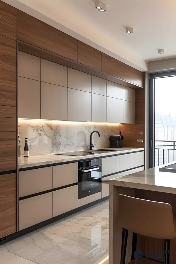Warm Wood And Taupe Kitchen With Marble Backsplash And Island Seating | Material Depot