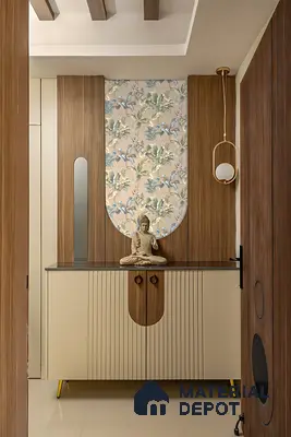 Warm Wood & Pastel Entry Console with Nature Wallpaper Backdrop | Material Depot