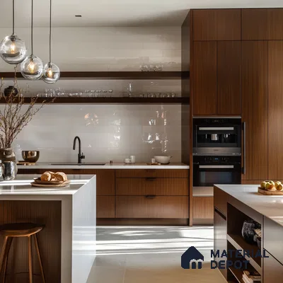 Warm Wood Tone Modern Kitchen with Ambient Lighting and Open Design | Material Depot