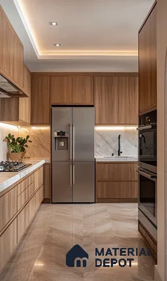 Warm Wooden Elegance: Modern Kitchen with Ambient Lighting | Material Depot