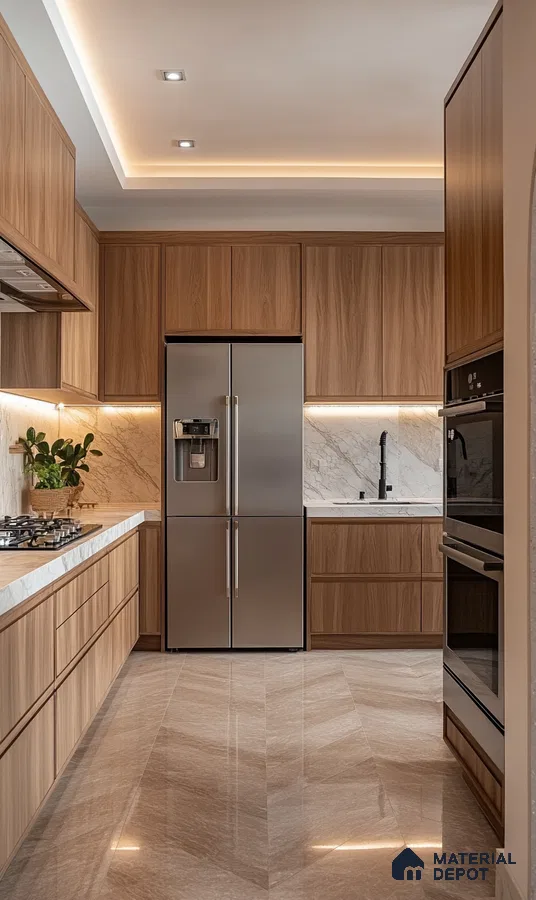 Warm Wooden Elegance: Modern Kitchen with Ambient Lighting | Material Depot
