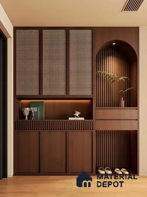 Warm Wooden Entryway Unit With Cane Shutter Panels And Fluted Arch Niche | Material Depot