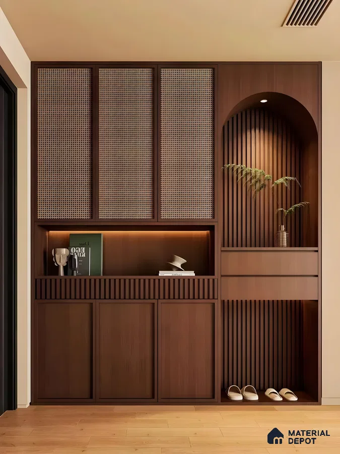Warm Wooden Entryway Unit With Cane Shutter Panels And Fluted Arch Niche | Material Depot