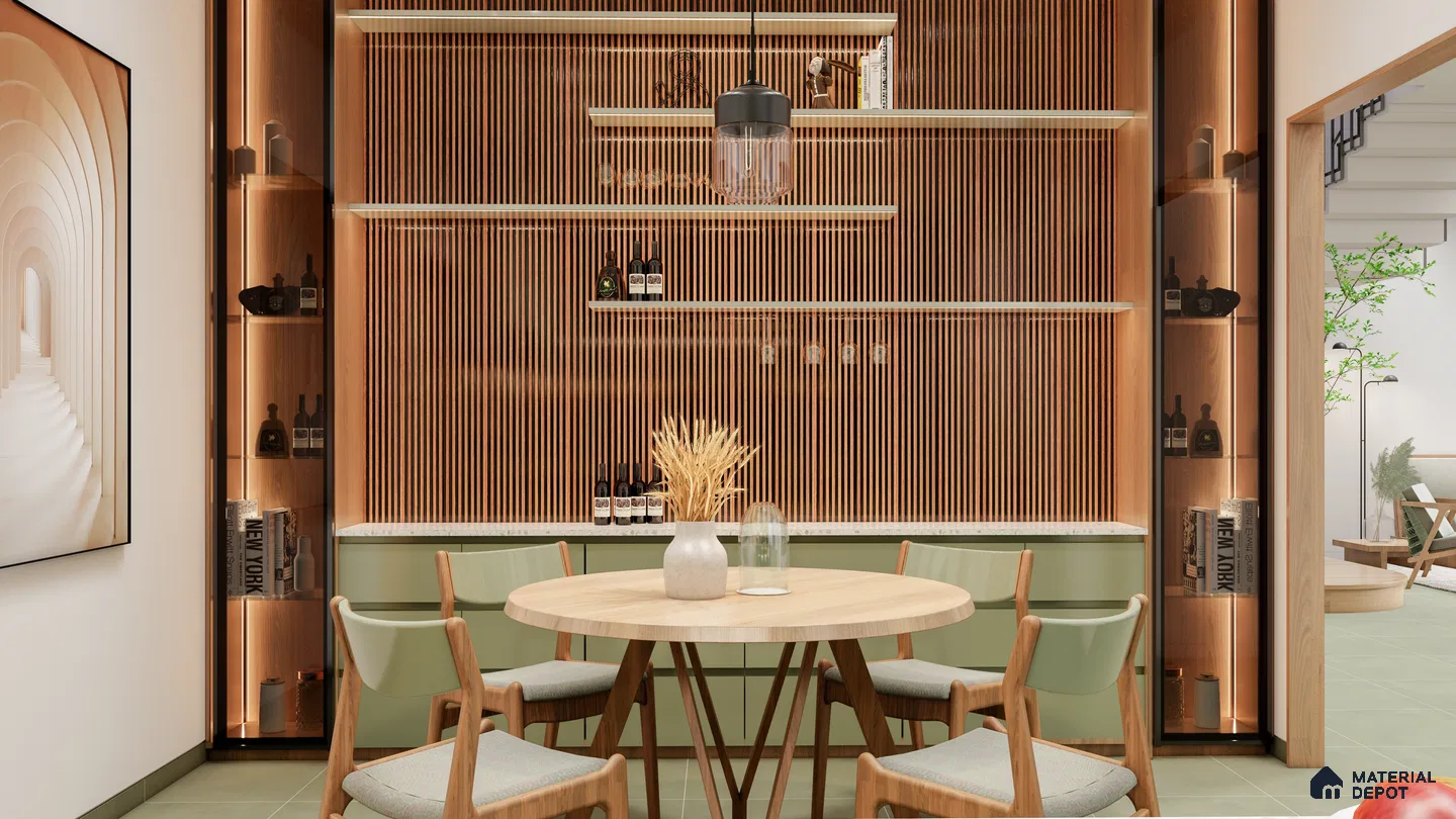 Warm Wooden Fluted Panel Bar Niche in a Contemporary Dining Area | Material Depot