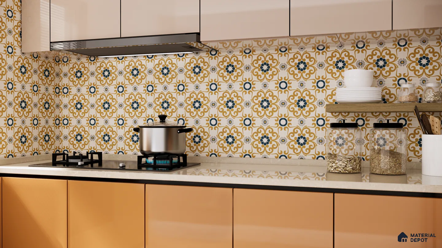 Warm Yellow Moroccan-Inspired Kitchen Backsplash with Vintage Charm | Material Depot