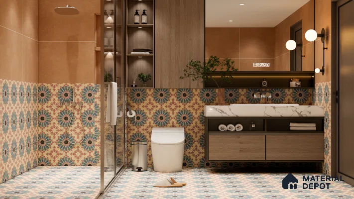 Multifired Moroccan Floor & Wall Tile TL 05669 Zellige Rose Arabesque 1 ft x 1 ft Vitrified Matte Finish - 9 mm | Suitable for Kitchen, Bathroom, Balcony