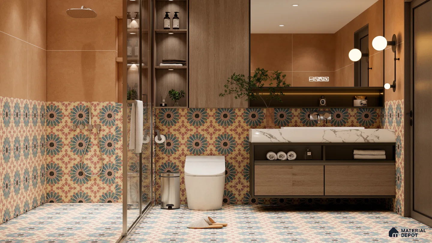 Warm-Toned Bathroom with Starburst Moroccan Tiles | Material Depot