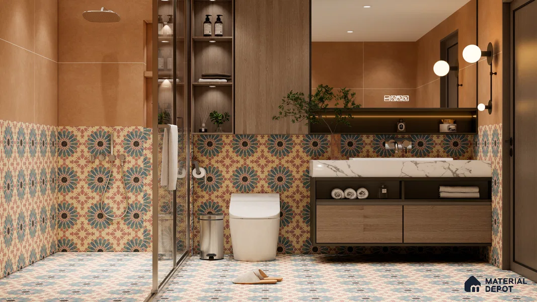 Multifired Moroccan Floor & Wall Tile TL 05669 Zellige Rose Arabesque 1 ft x 1 ft Vitrified Matte Finish - 9 mm | Suitable for Kitchen, Bathroom, Balcony