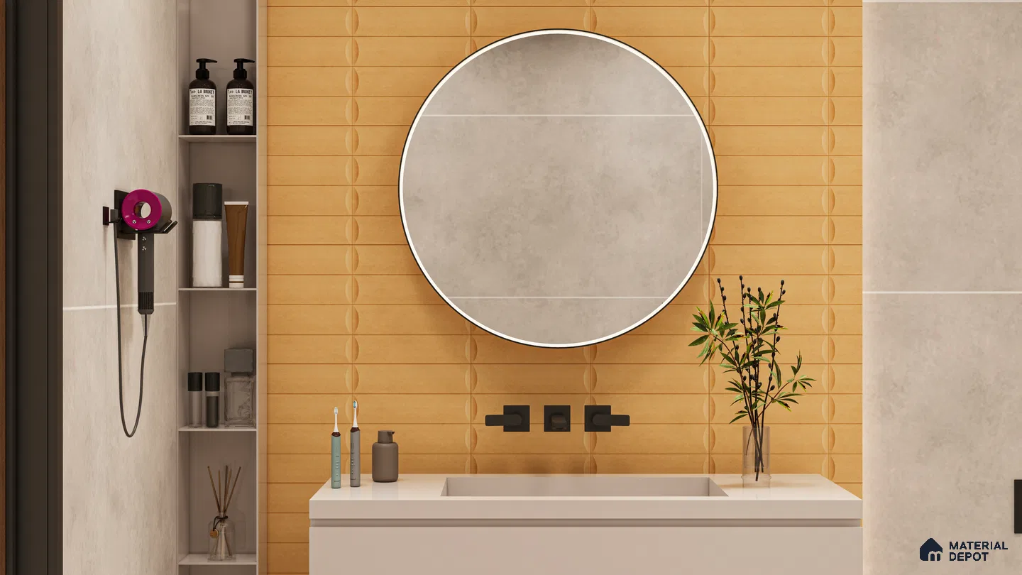 Warm-Toned Bathroom with Textured Ochre Wall Tiles | Material Depot