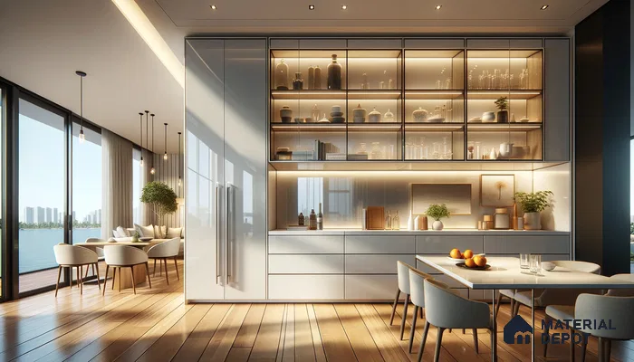 Waterside Modern Dining Elegance with Ambient Light and Storage | Material Depot