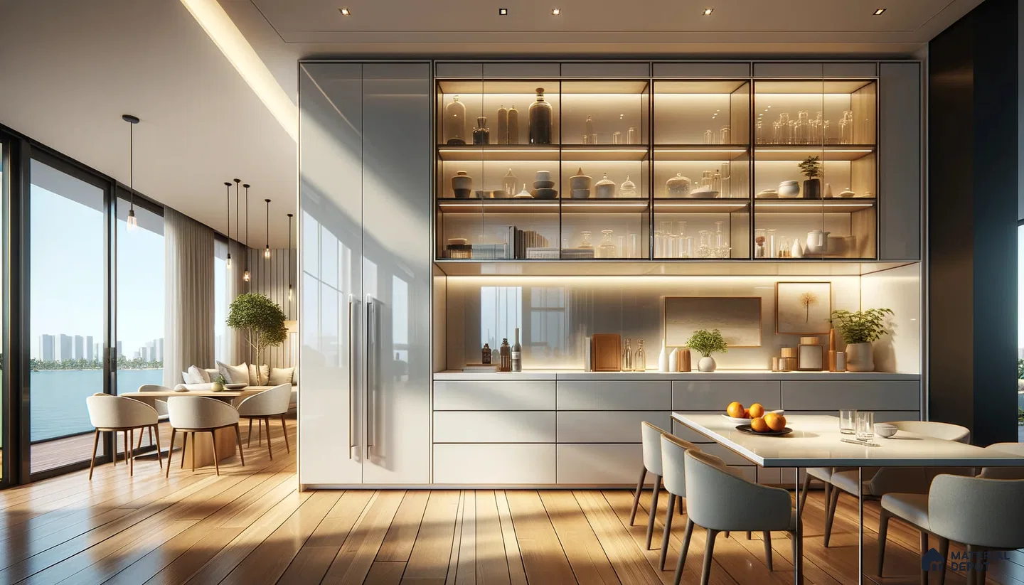 Waterside Modern Dining Elegance with Ambient Light and Storage | Material Depot