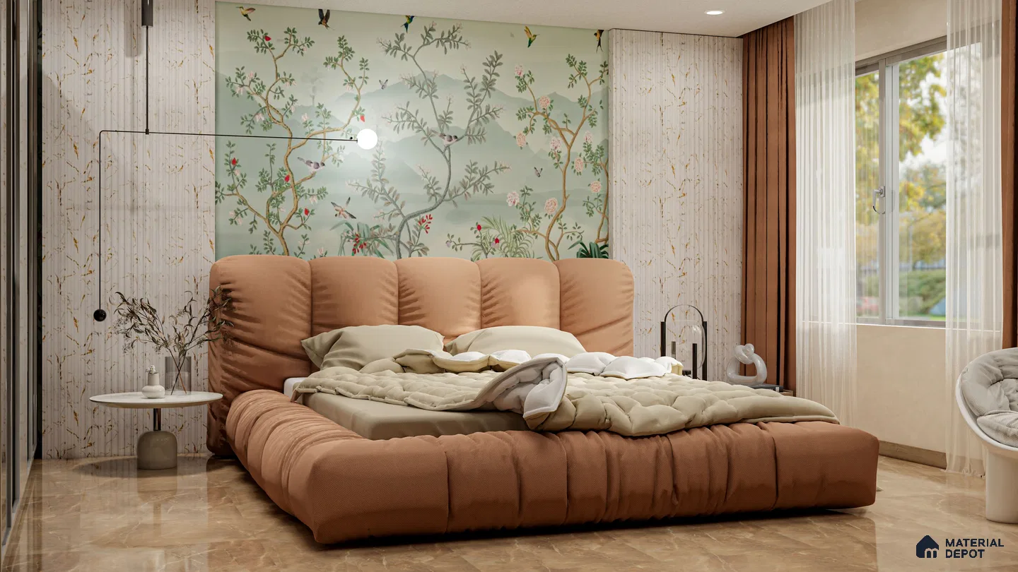 Whimsical Bedroom with Botanical Wall Mural and Blush Upholstered Bed | Material Depot