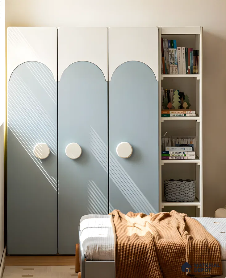 Whimsical Kids' Wardrobe with Arched Doors and Built-in Shelving | Material Depot