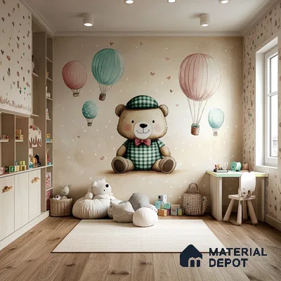 Whimsical Teddy Bear-Themed Kids' Room with Playful Hot Air Balloons | Material Depot