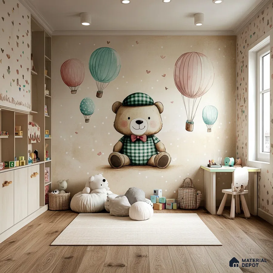 Whimsical Teddy Bear-Themed Kids' Room with Playful Hot Air Balloons | Material Depot