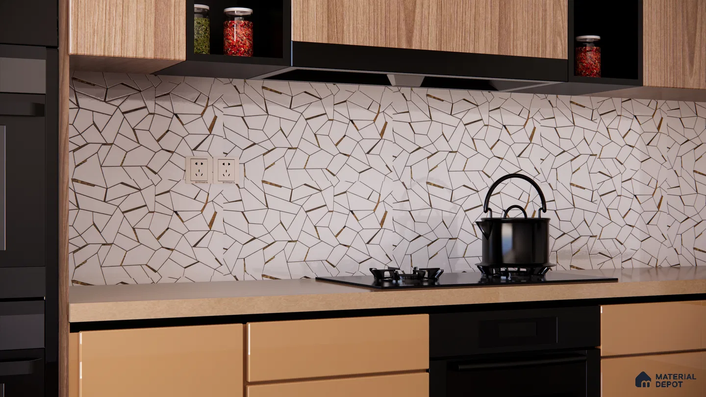 White and Gold Mosaic Highlighter Tile for Kitchen Walls | Material Depot