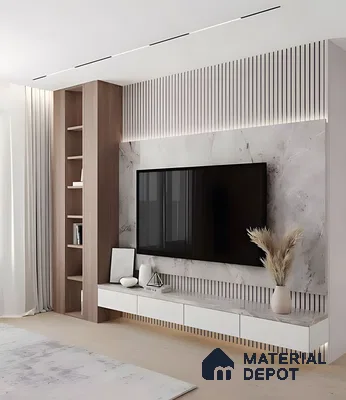 White And Wood Tv Unit With Marble Backdrop, Vertical Fluted Accents, And Floating Cabinet Design | Material Depot