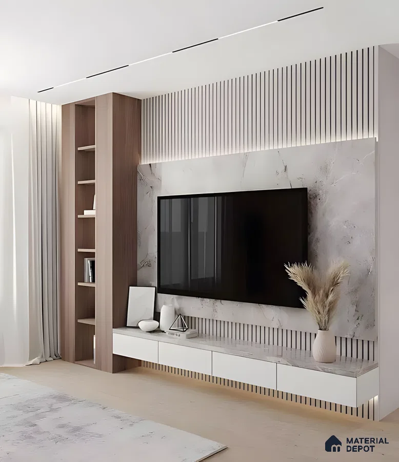 White And Wood Tv Unit With Marble Backdrop, Vertical Fluted Accents, And Floating Cabinet Design | Material Depot
