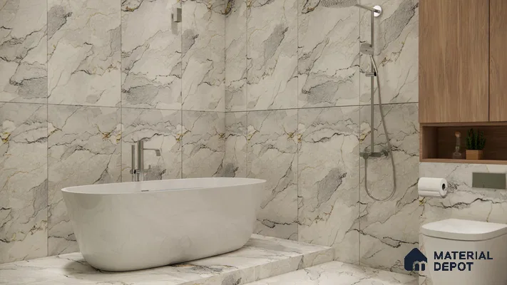 White Marble Look Tiles with Bold Veins for a Luxurious Bathroom Retreat | Material Depot