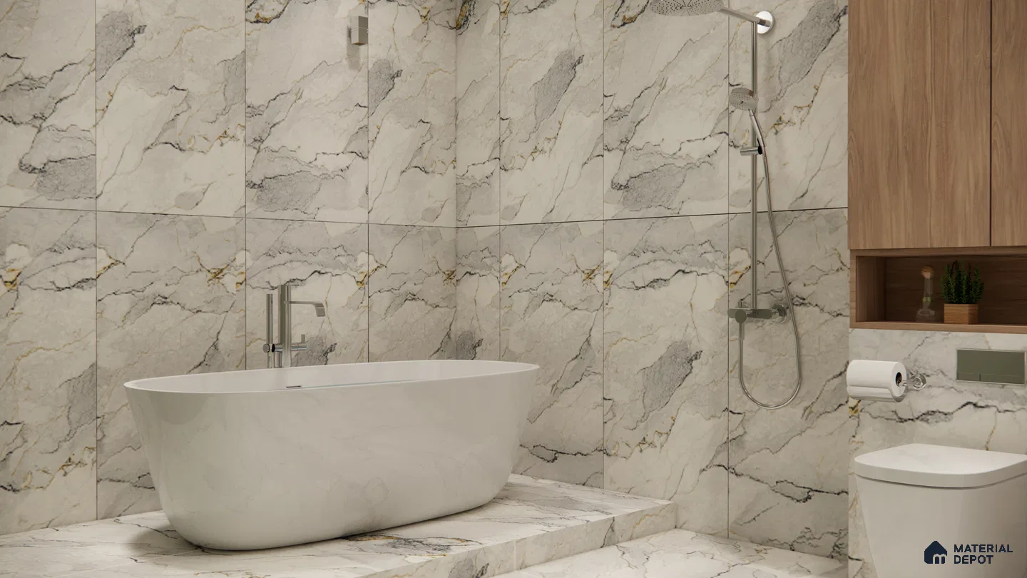 White Marble Look Tiles with Bold Veins for a Luxurious Bathroom Retreat | Material Depot
