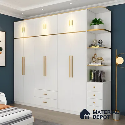 White Modern Wardrobe With Gold Accents, Integrated Shelving, And Built-In Lighting | Material Depot