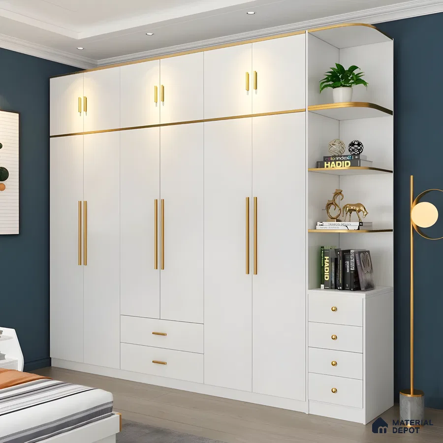 White Modern Wardrobe With Gold Accents, Integrated Shelving, And Built-In Lighting | Material Depot