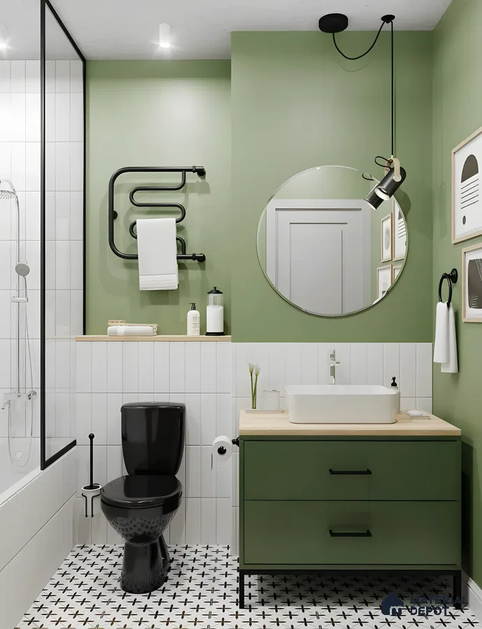 White subway Bathroom Design with Olive Green Walls Prestige Southern Star Begur Road | Material Depot