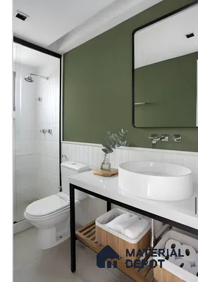 White Subway Tile and Green Wall Bathroom Design Design Brigade Calista Budigere Cross | Material Depot