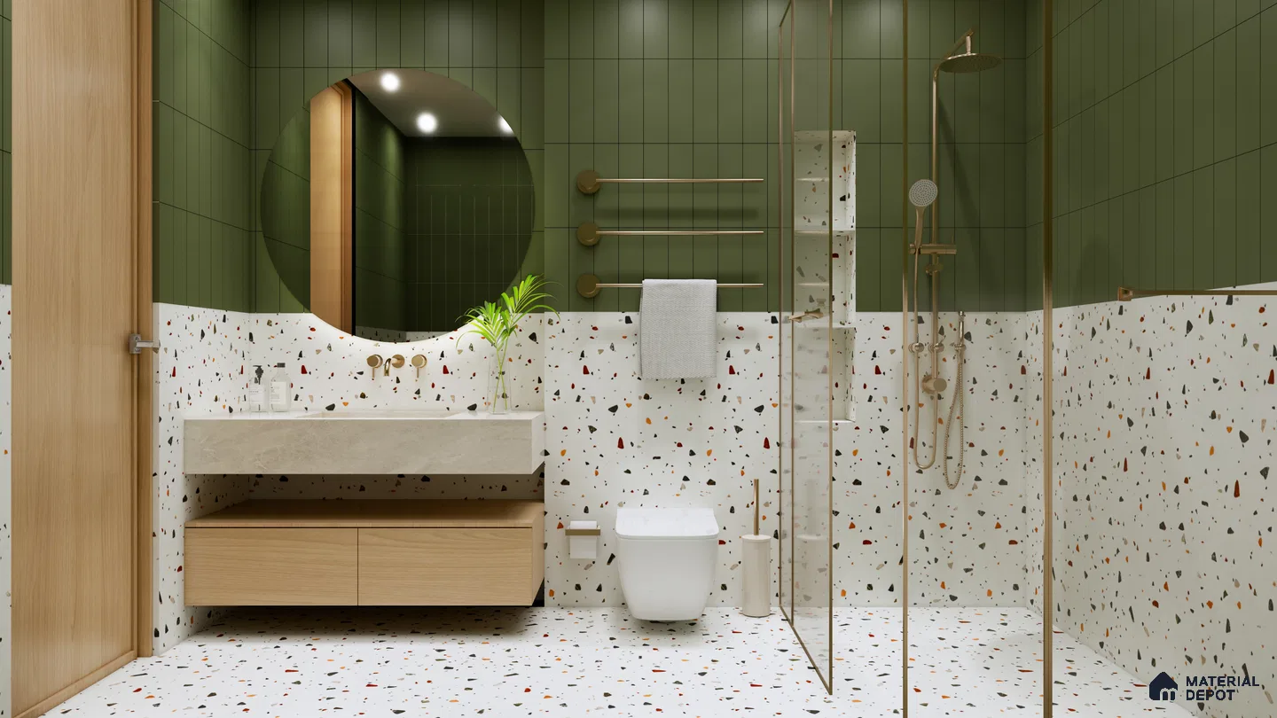 White Terrazzo Tiles with Olive Green Walls for a Chic and Fresh Bathroom | Material Depot