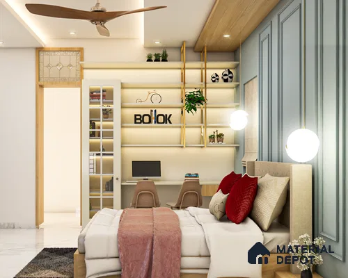 A white and gold bedroom with a bed, a ceiling fan, a bookshelf, a ladder, plants, and a window.