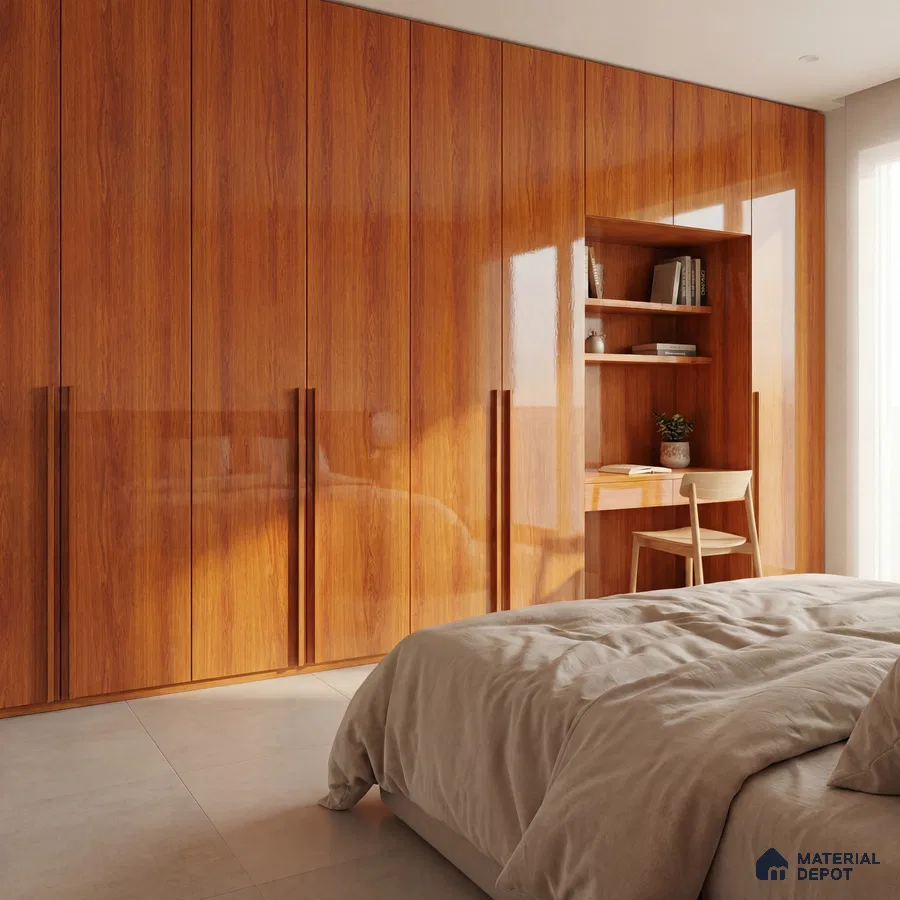 Modern bedroom with high gloss walnut brown laminate wardrobe and integrated study nook