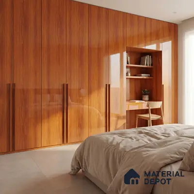 Modern bedroom with high gloss walnut brown laminate wardrobe and integrated study nook