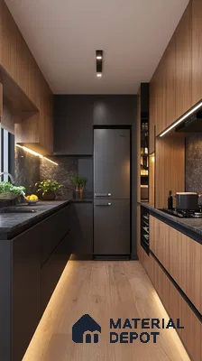 Wooden and Black Compact Kitchen with Subtle Lighting and Functional Layout | Material Depot