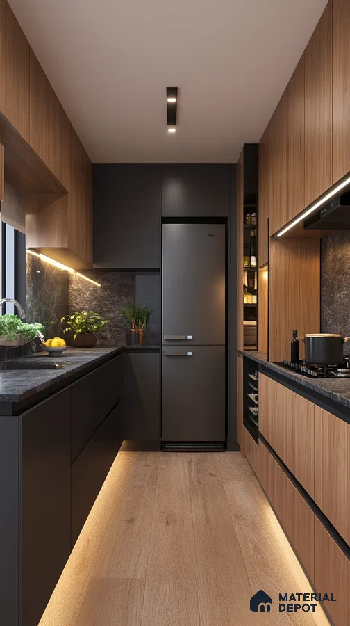 Wooden and Black Compact Kitchen with Subtle Lighting and Functional Layout | Material Depot