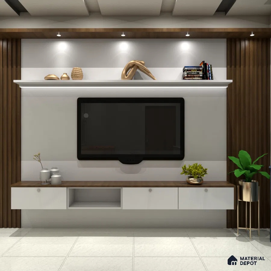 Modern TV Unit with Wooden Panels.