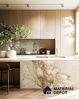 Wooden Kitchen With Marble Accents | Material Depot