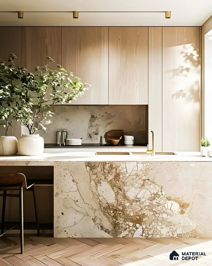 Wooden Kitchen With Marble Accents | Material Depot