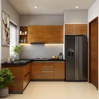 Wooden laminate application on kitchen cabinetry, providing a warm and rustic look.