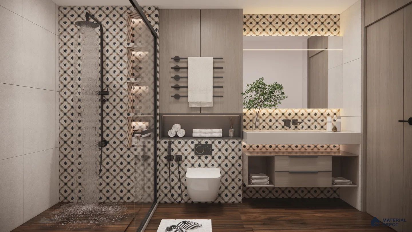 Moroccan Inspired Bathroom with Patterned Wall Tiles and Warm Wooden Accents | Material Depot
