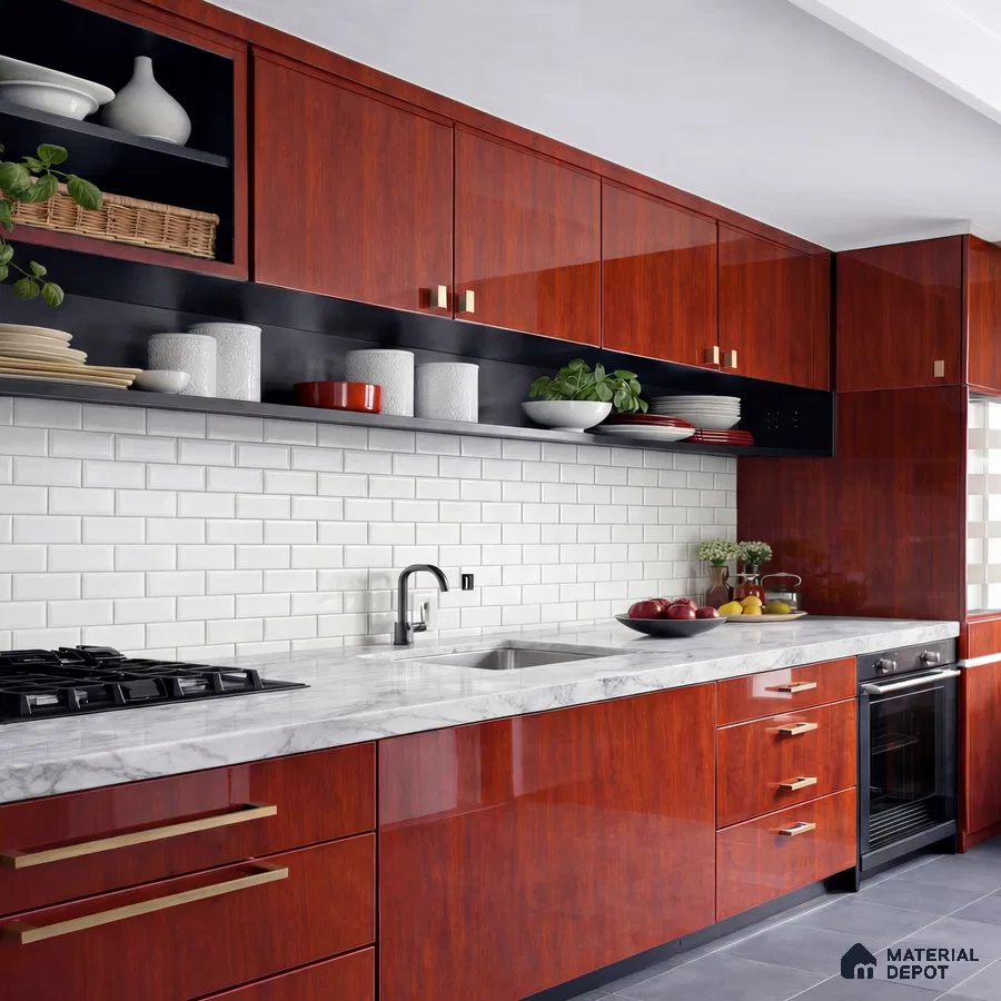Modern kitchen with high gloss cherry wood laminate, white marble countertop, and white subway tile backsplash