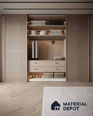 Woven Door Wardrobe with Wood Accents | Material Depot