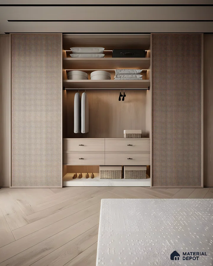 Woven Door Wardrobe with Wood Accents | Material Depot